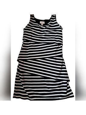 LOFT BLACK WHITE tiered vertical stripe summer dress rayon blend lined petite LG
